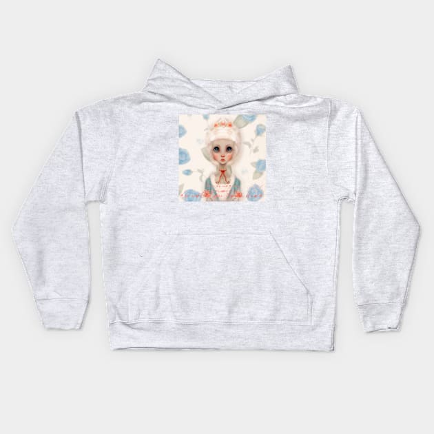 Run As Mad As You Choose Marie Antoinette Portrait With Red Silk Bow Silver Hair Updo With Light Pink Baby Rose Crown And A Light Blue Rose BackGround Done In Anime Style Kids Hoodie by penandbea